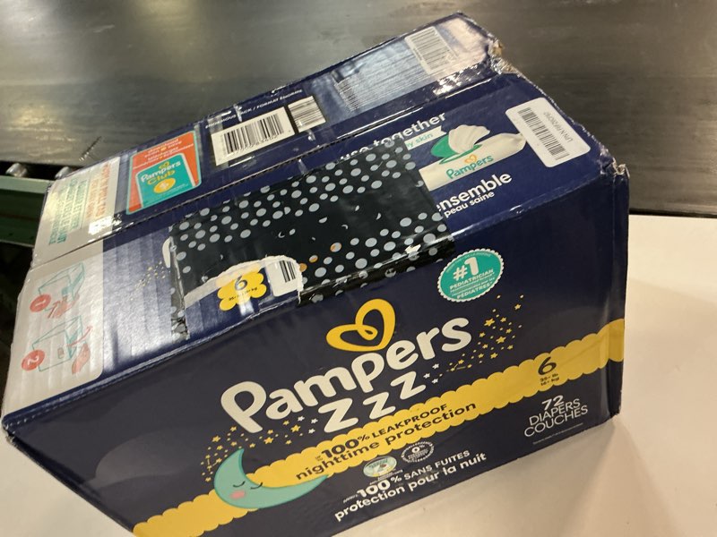 Condition photo showing New/Like New for pampers zzz overnight diapers, size 6 (35+ lbs), 72 count, nighttime protection disposable baby diaper, night time leak and skin protection size 6 72