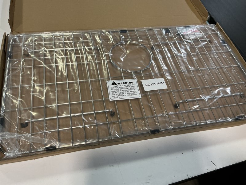 Condition photo showing Good Condition for sink grid 26" x 14 1/16", kitchen sink grid, sink protectors for kitchen sinks, stainless steel material, sink bottom grid with rear drain for single bowl (26" x 14 1/16") 26" x 14 1/16" with rear drain