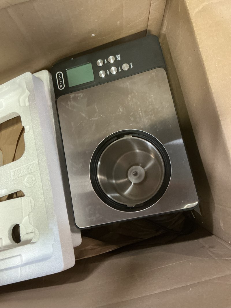 Condition photo showing As Is for whynter ice cream maker machine automatic 2.1 qt. with built-in compressor, lcd digital display & timer, no pre-freezing, icm-200ls, stainless steel 2.1 quart stainless steel