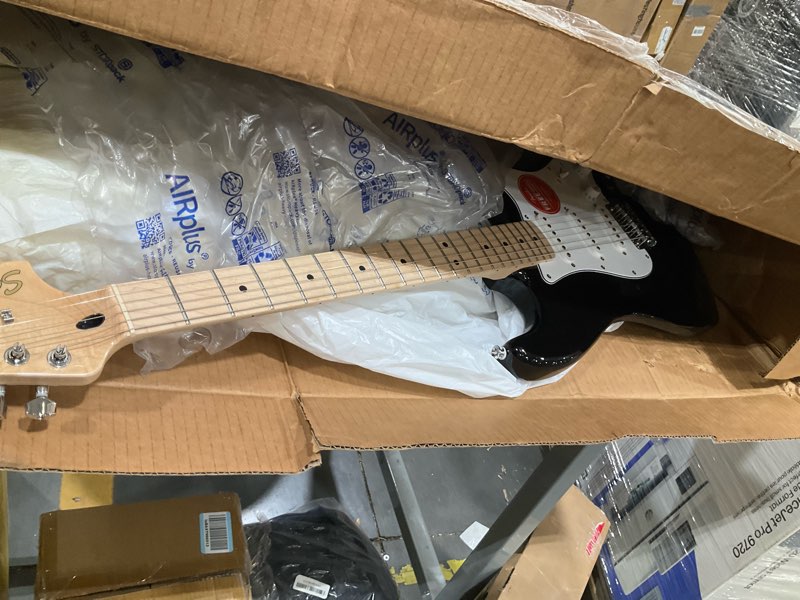 Condition photo showing As Is for squier affinity series stratocaster electric guitar, with 2-year warranty, black, maple fingerboard black and white