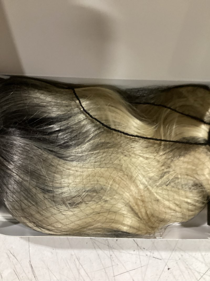 Condition photo showing Good Condition for dark root to blonde wig with bangs short wavy wigs for women ombre blonde curly shoulder length bob wig synthetic fiber wigs for cosplay daily party use (12 inches) 14 inch ombre blonde