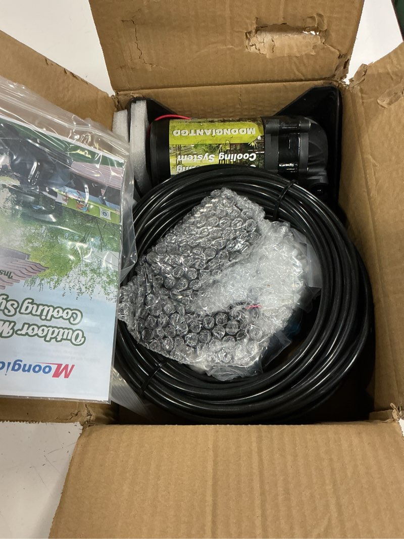 Condition photo showing Good Condition for moongiantgo outdoor misting cooling system with pump kit-82ft misting system pipe+24 brass mist nozzles 0.02’’+cluster body+3/4’’ adapter-mister for outside patio backyard garden greenhouse trampoline 0.02'' orifice