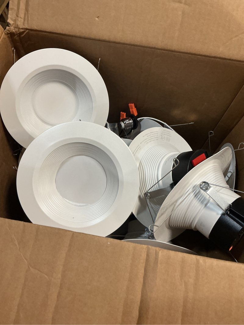 Condition photo showing As Is for juno e series 5"/6" led ceiling light, baffle trim recessed lighting with 5-in-1 switchable white color, 900 lumens, wet rated led downlight, dimmable, white, 12-pack baffle trim 5-to-6-inch, 900 lumens (12-pack)