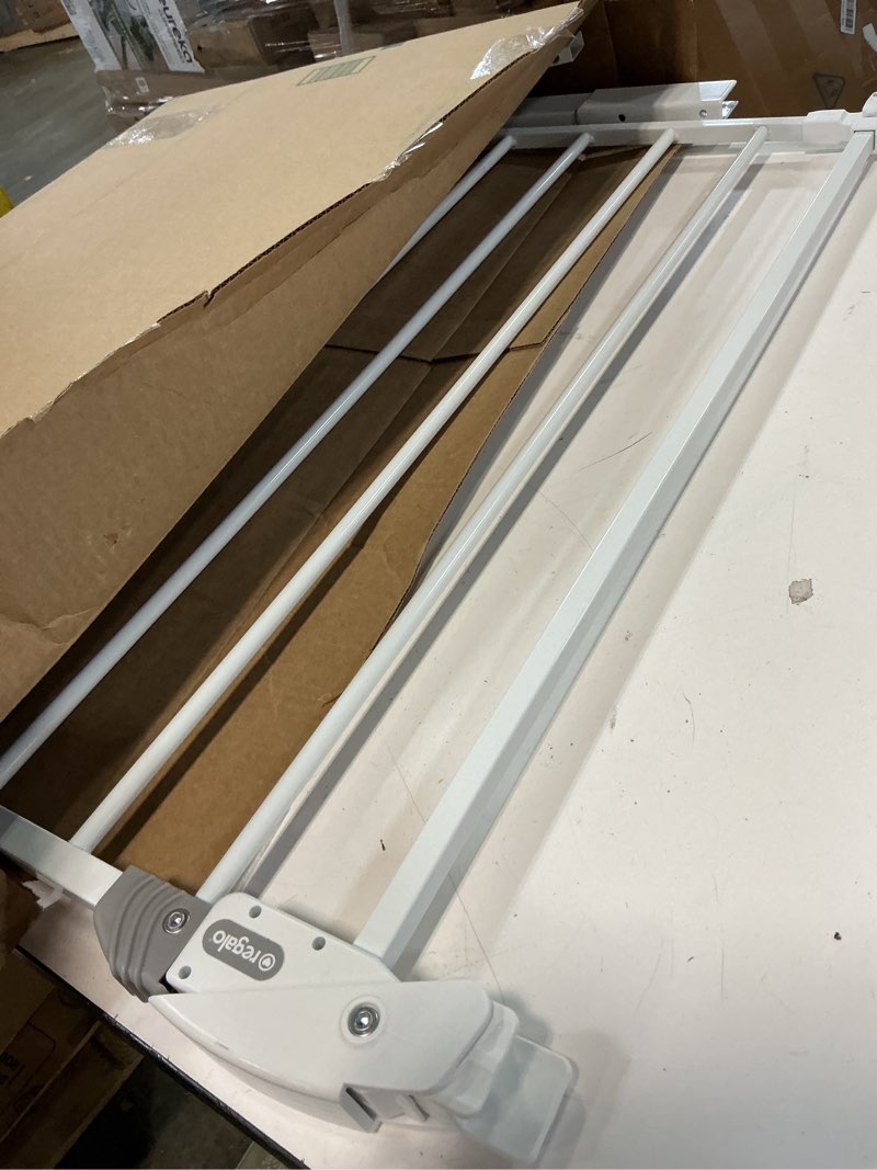 Condition photo showing As Is for Regalo Safety 38" Baby Gate for Doorways & Bottom of Stairs, Pressure Mount Design for Babies, Toddlers & Pets, Tested & Safe for 30 Years, American Designed, American Owned, White White 29-38.5"W x 30"H