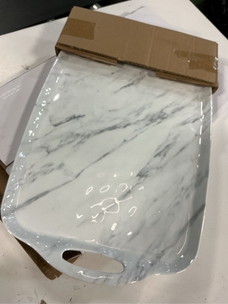 Condition photo showing Good Condition for tp large serving trays with handles, 19" x 12" melamine serving platters for food, turkey, set of 2 rectangular trays for party, white marble 19" x 12" white marble