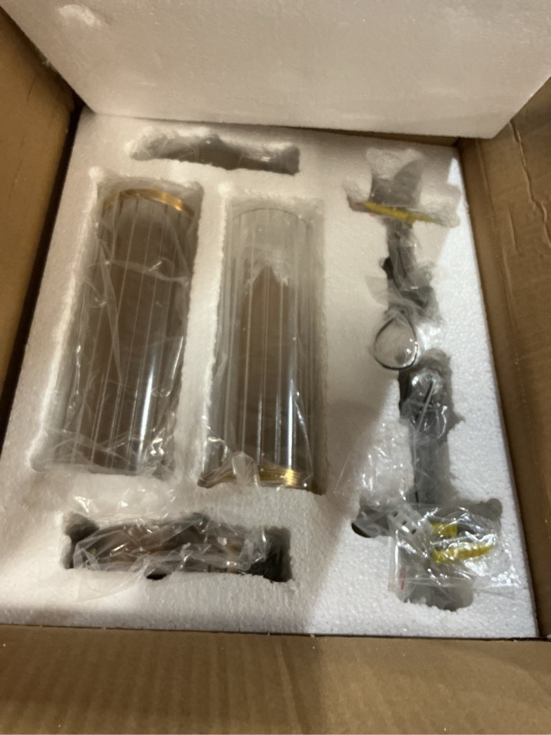 Condition photo showing Good Condition for 15" knurled gold hardwired wall sconces set of 2, bathroom vanity light fixtures with vertical striped glass tube, modern lamp lighting for bedroom, living room, hallway, staircase, mirror, kitchen vertical striped 15?-gold
