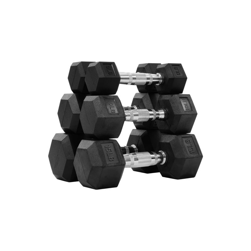 hexagonal dumbbells, rubber coated for exercise and fitness