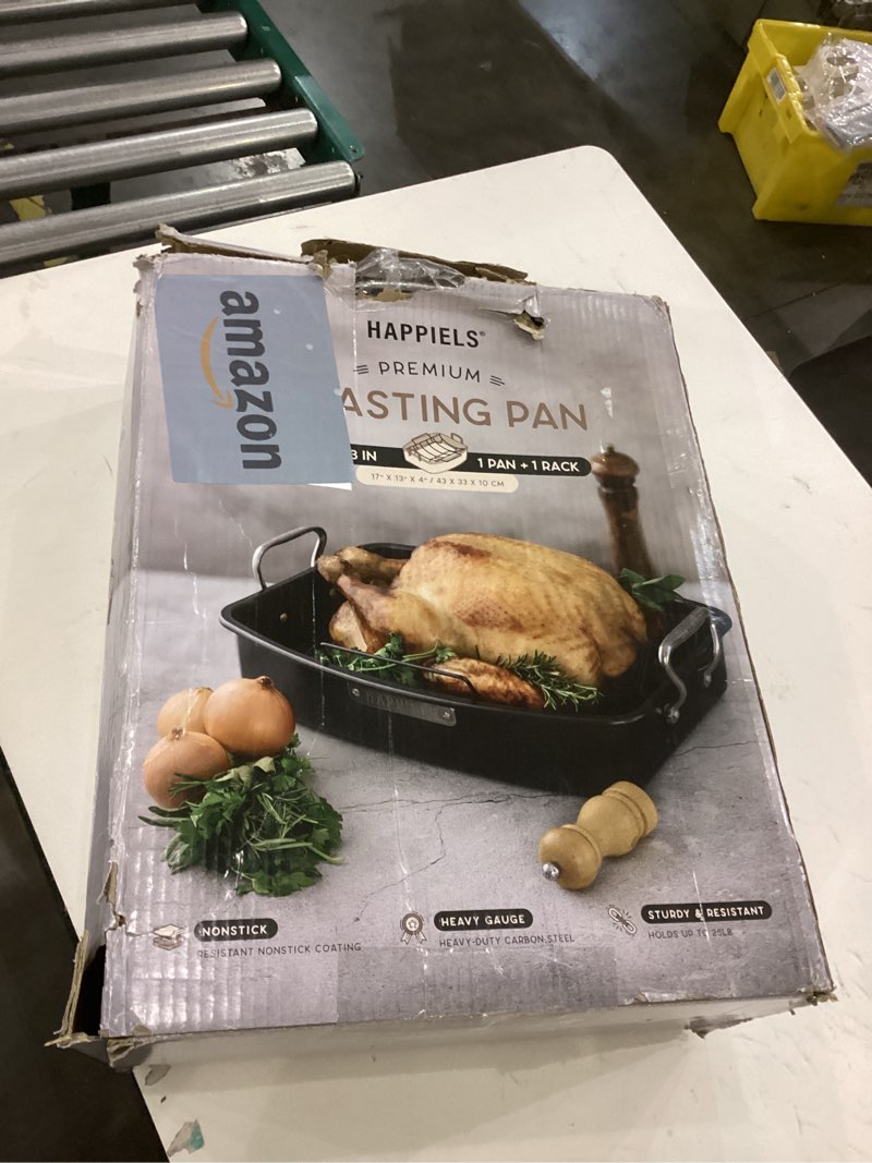 Condition photo showing New/Like New for HAPPIELS 17 x 13 inch Roasting Pan with Rack, 20-25 lb Large Turkey Roasting Pan for Oven Non Stick, Turkey Roaster Pan with Rack, Roasting Pans, Turkey Pan, Deep Roast Pan, Prime Rib Roaster
