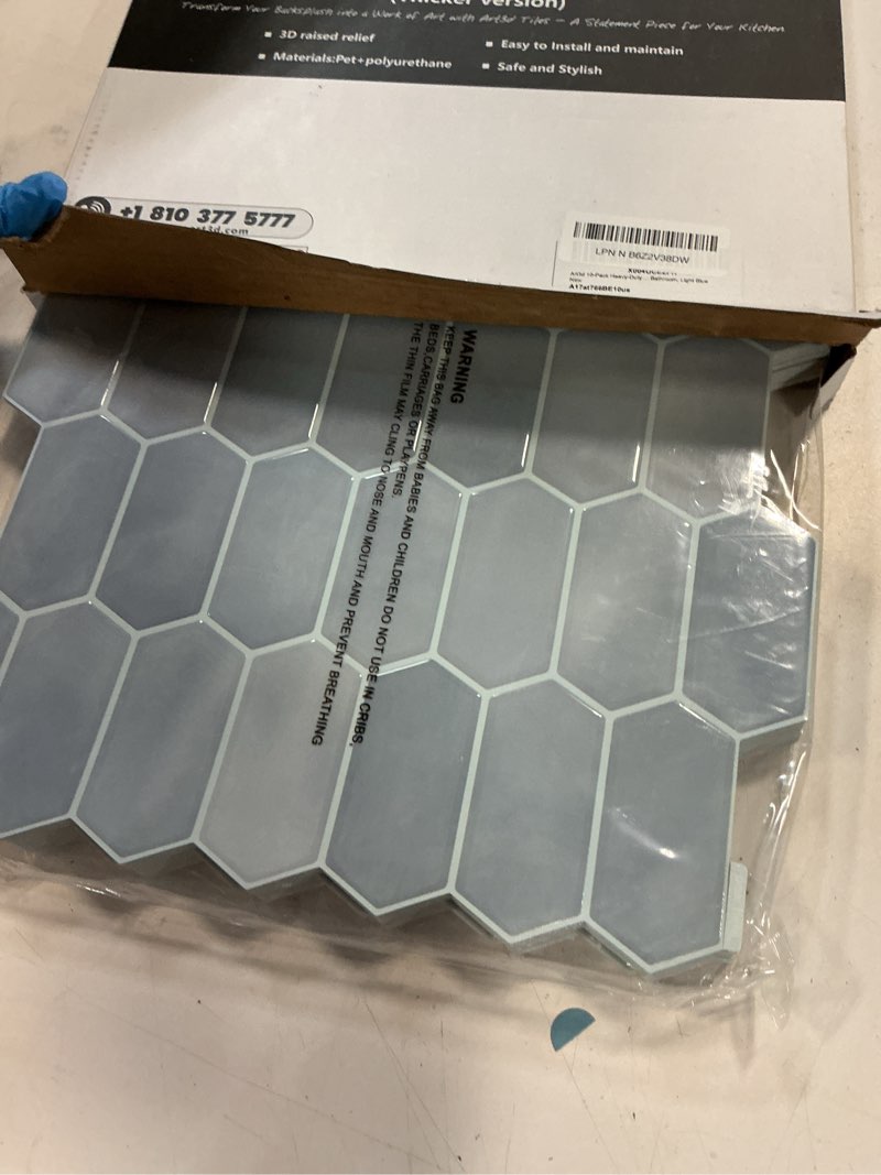 Condition photo showing Good Condition for Art3d 10-Sheet Heavy-Duty Peel and Stick Backsplash, Self-Adhesive Vinyl Wall Tiles for Kitchen Countertop Bathroom, Light Blue 12 x 12 Inch Light Blue