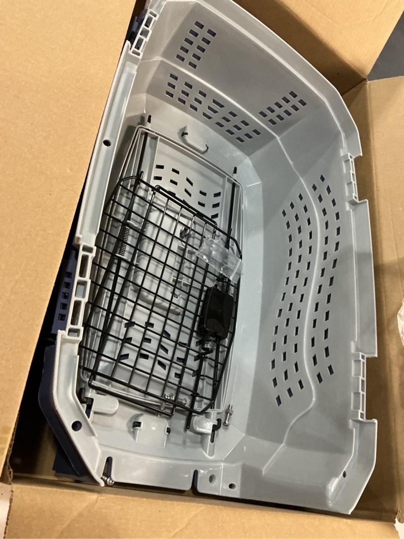 Condition photo showing As Is for amazon basics 2-door top-load hard-sided dogs, cats pet travel carrier, gray & blue, 22.8"l x 15.0"w x 13.0"h gray & blue 22.8"l x 15.0"w x 13.0"h