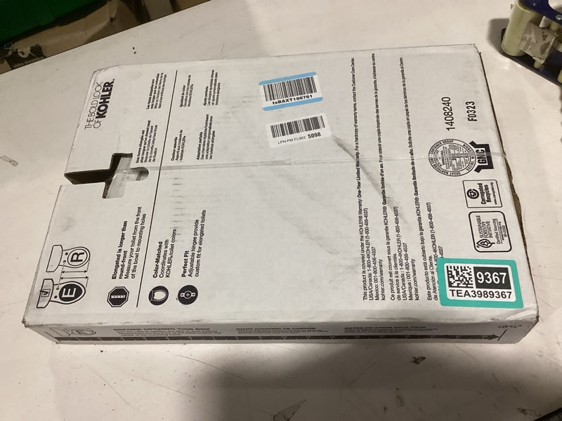 Condition photo showing As Is for kohler 4636-rl-0 cachet readylatch elongated slow close toilet seat, soft close toilet seat quiet lid, contoured grip-tight bumpers installation hardware, apartment essentials, white white elongated ready latch