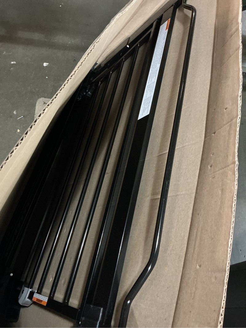 Condition photo showing As Is for regalo safety 29-38.5" baby gate for doorways & bottom of stairs, pressure mounted baby gate with door for babies, toddlers & pets, tested & safe for 30 years, american designed, american owned, black black 29-38.5"w x 30"h
