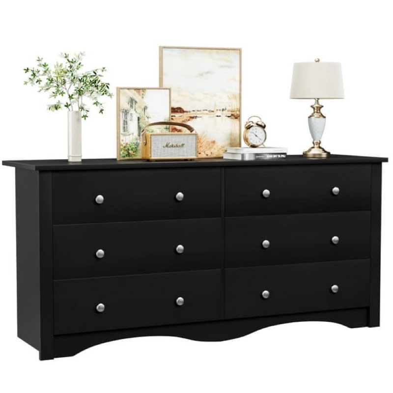 furmax 6 drawer double dresser, wide wood chest of drawers storage tower storage for living room bedroom, black