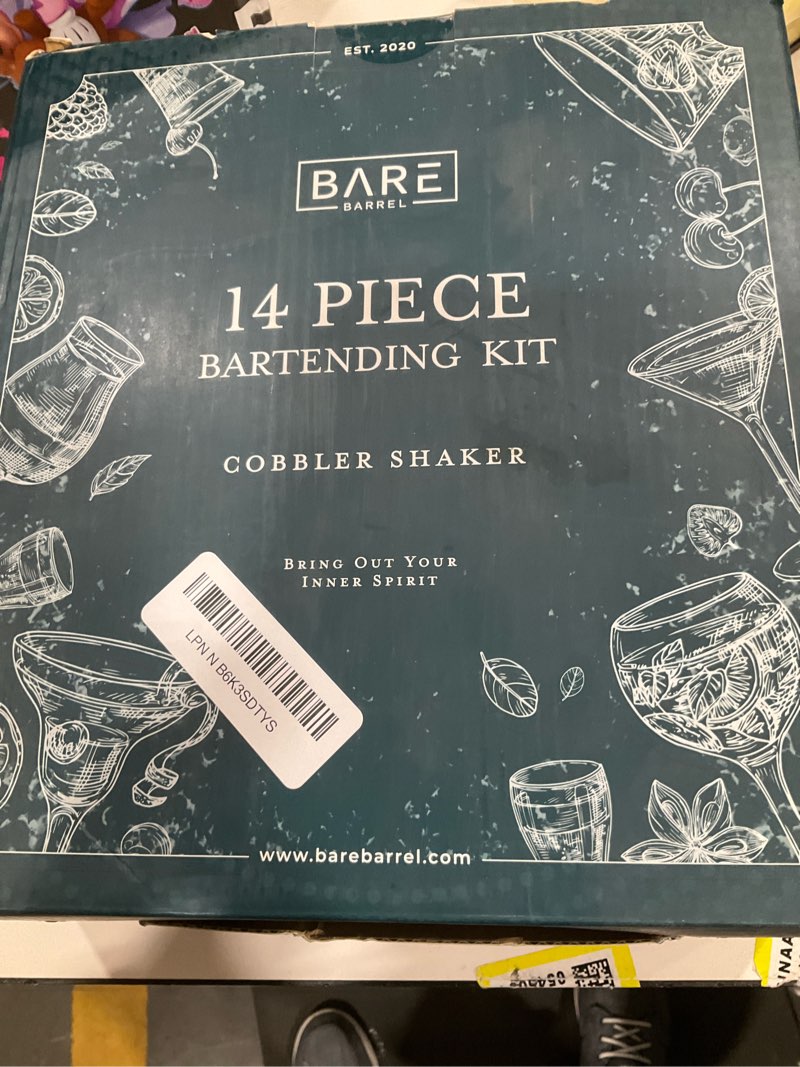 Condition photo showing New/Like New for BARE BARREL® Mixology Bartender Kit Bar Set | 14-Piece Cocktail Shaker Set | Martini Barware Mixing Tools for Home Bartending | Incl. 35 Recipe Cards | Gift Set (24oz Cobbler Shaker, Silver/Black) Silver/Black 24oz Cobbler Shaker