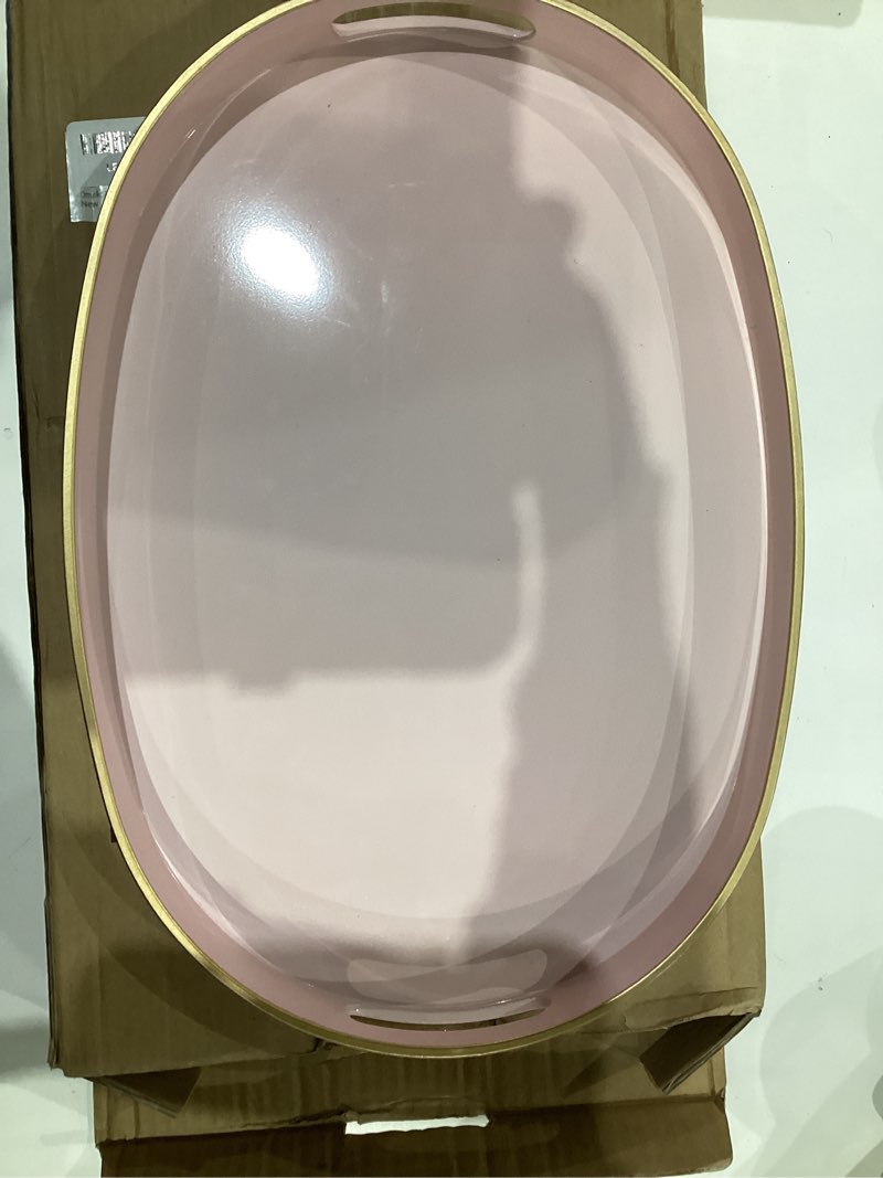 Condition photo showing New/Like New for Gold Oval Decorative Tray with Handles, Versatile Serving Tray for Coffee Table, Ottoman, Ideal for Serving, Displaying, Organizing, 15.3"*10.6"*1.37" 15.5" x 10.6" x 1.4" Oval Gold