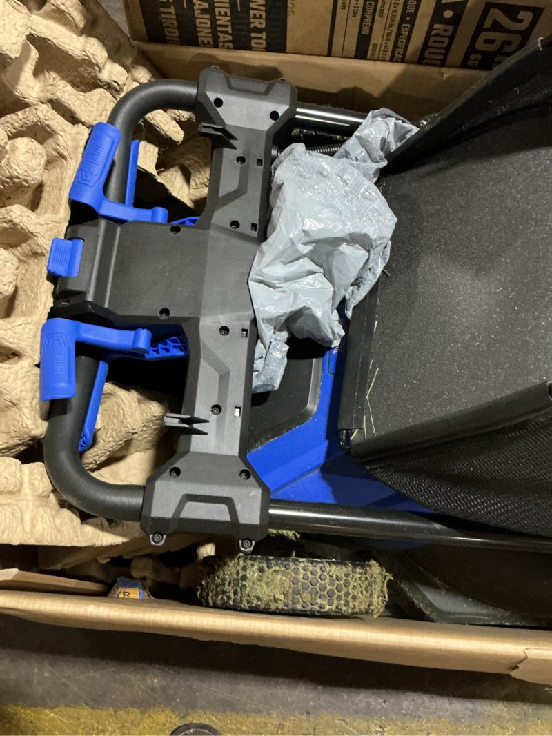 Condition photo showing As Is for kobalt 40-volt 21-in self-propelled battery mower (6 ah battery charger included)