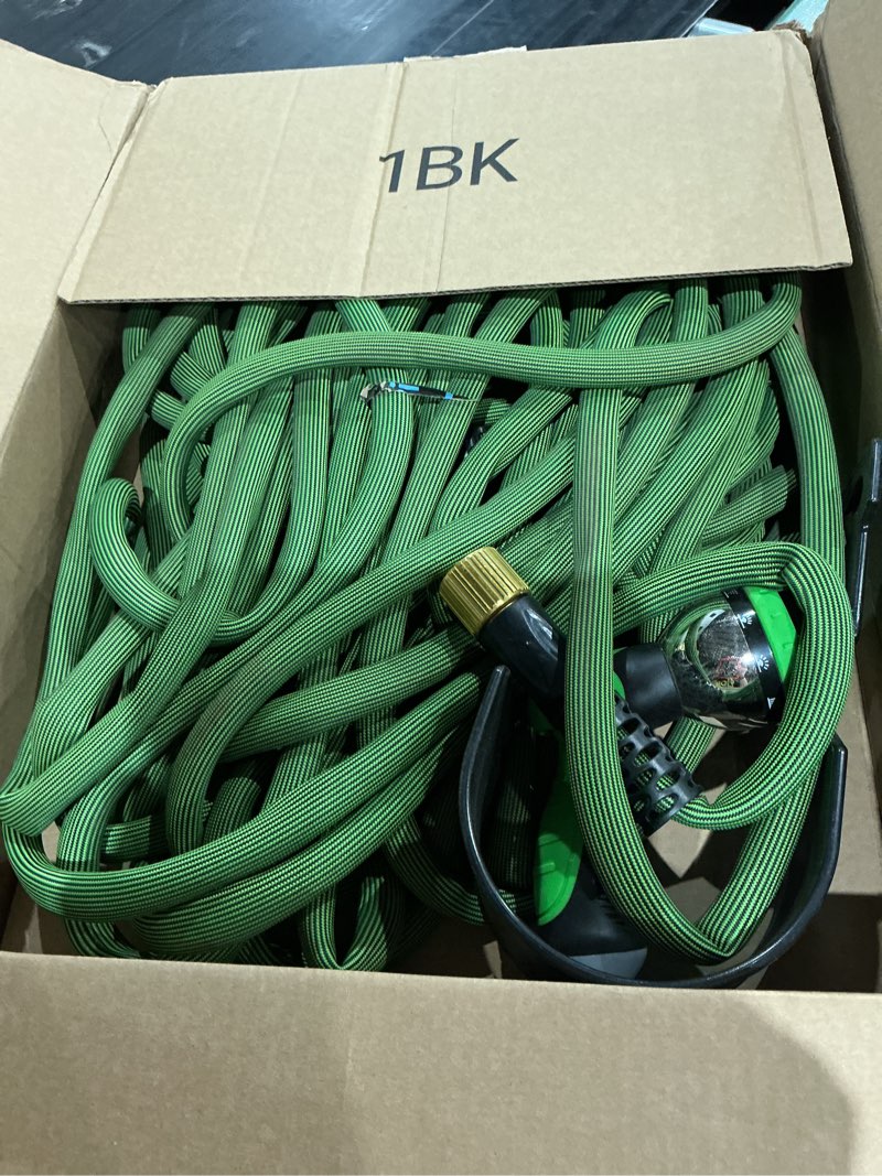 Condition photo showing As Is for non-expandable garden hose 100 ft, ultra lightweight flexible water hose with 10-pattern nozzle, leak-proof, high-density fabric, thickened connector, shut-off valve for yard, lawn, outdoor