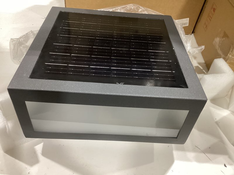 Condition photo showing As Is for 12" outdoor solar pillar light, 304 stainless steel sandblasted glass, ip66 waterproof, dual independent lighting (19.24wh solar led + hardwired e26), all-night lighting post column lamp 12x12x5.5 inch glass 3 color led solar and e26 ac/dc bulb