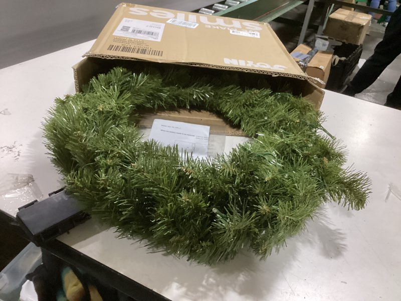 Condition photo showing As Is for JOYIN 24'' Pre-Lit Christmas Wreath with Warm Lights, Large Lighted Christmas Wreaths for Front Door, Windows, Living Room, Xmas Indoor & Outdoor Holiday Decorations, Battery Operated