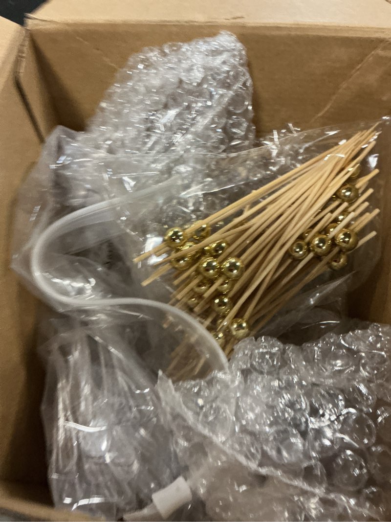 Condition photo showing New/Like New for 50 set plastic martini glasses for new year's party with cocktail sticks and spoon disposable cocktail glasses ice cream dessert cups for appetizer, weddings, christmas party (disc,cone)