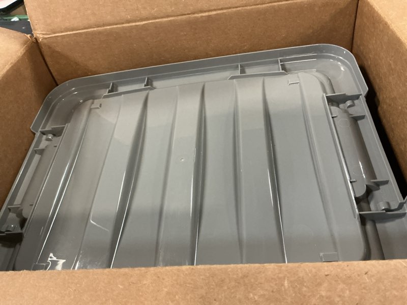 Condition photo showing Good Condition for amazon basics plastic storage containers with secure latching lids, stackable organization bins, clear/grey, 19 quart, set of 6 19 qt. - 6 pack