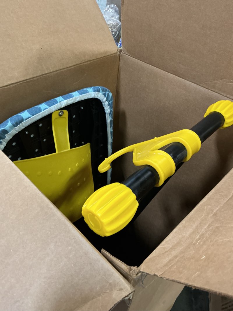 Condition photo showing Good Condition for apexchaser ironing board with iron rest, compact and space saver iron board, extra thick cover, height adjustable, wall mount & closet hanger 13x43 yellow blue and yellow 13x43inch