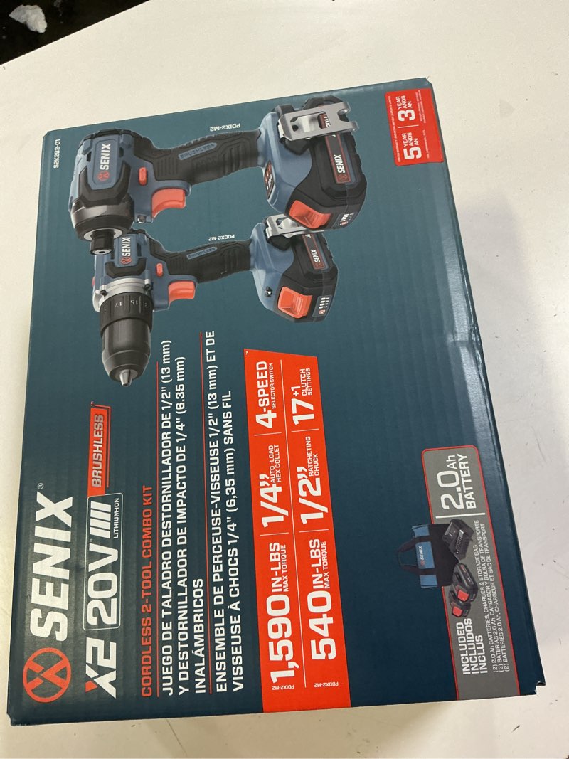 Condition photo showing New/Like New for senix x2 20-volt 2-tool brushless power tool combo kit with soft case (2-batteries included and charger included)