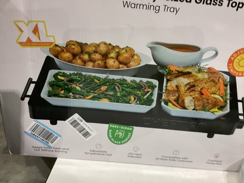 Condition photo showing New/Like New for Chefman Electric Warming Tray with Adjustable Temperature Control, Perfect For Buffets, Restaurants, Parties, Events, and Home Dinners, Large 21” x 16” Glass-Top Surface Keeps Food Hot – Black Stainless Black Large - 21" x 16"