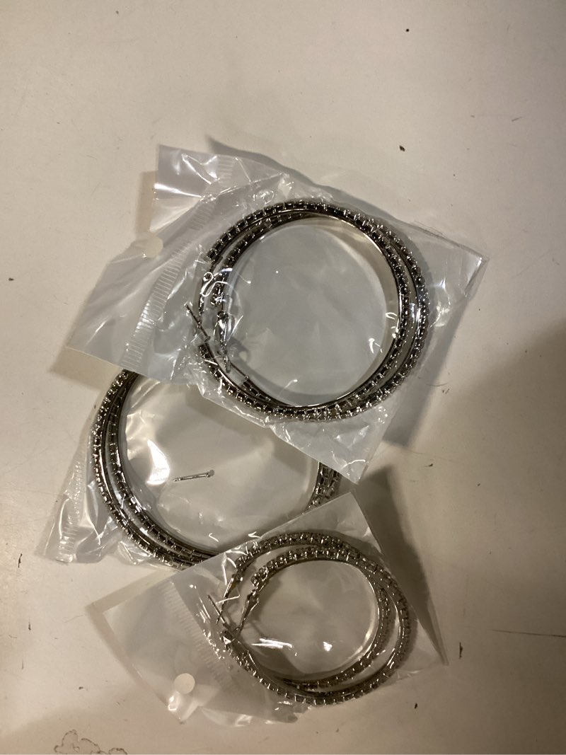Condition photo showing As Is for Kigeli 5 Pairs Large Crystal Hoop Earrings Set Big Shiny 3-7 cm Round Party Lightweight Rhinestone Sparkly Hoop for Women Jewelry Party Gift Wedding Date Silver