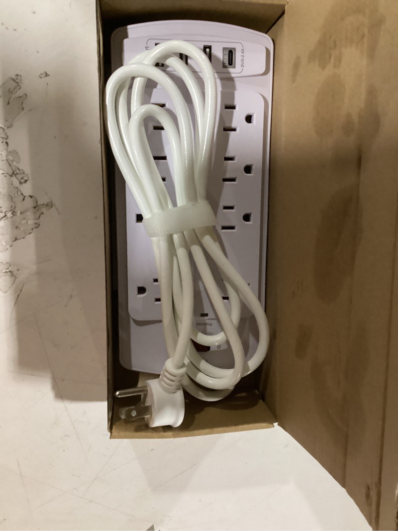 Condition photo showing New/Like New for 6ft surge protector power strip, nuetsa extension cord with 8 outlets and 4 usb ports, 6 feet power cord (1625w/13a), 2700 joules, etl listed, white 6 ft white