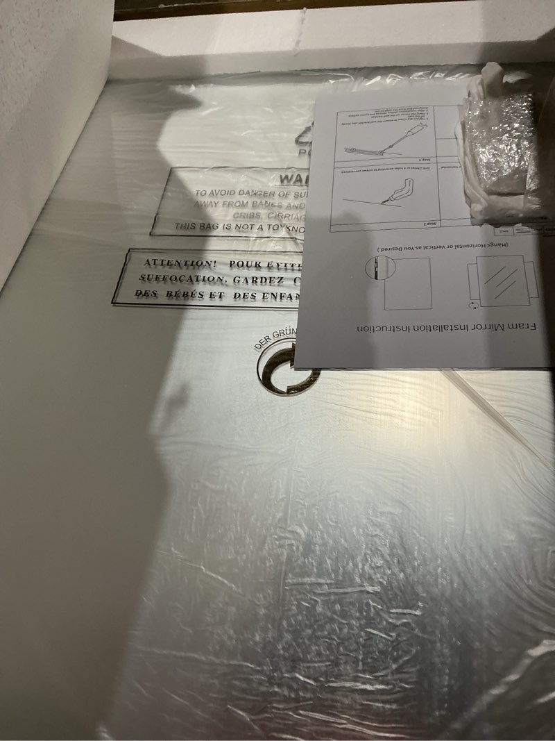 Condition photo showing Good Condition for weer black bathroom mirror 22x30 inch, rounded rectangle matte black bathroom vanity mirror, black metal framed mirror for wall, tempered glass, anti-rust, hangs horizontal or vertical black 22"l x 30"w