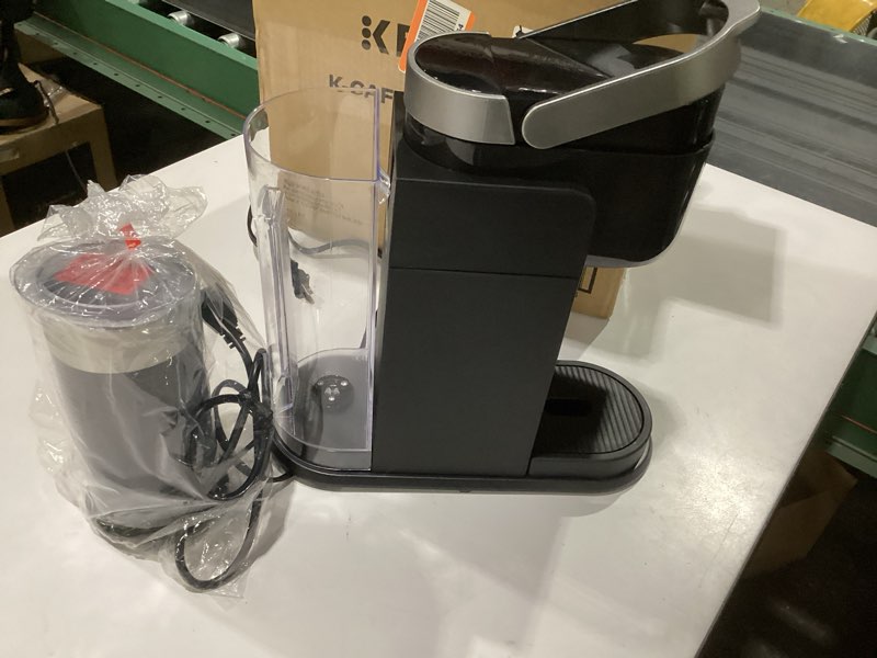 Condition photo showing As Is for keurig k-café barista bar single serve coffee maker and frother, with 3 brew sizes, hot and cold coffee capabilities, 2oz coffee shot button, black, not tested, missing part