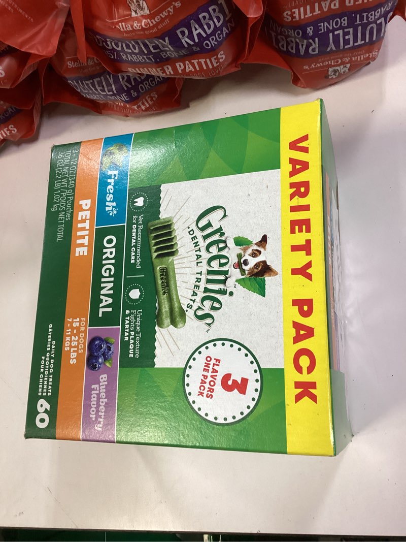 Condition photo showing New/Like New for Greenies Petite Natural Dog Dental Care Chews Oral Health Dog Treats 3-Flavor Variety Pack, (3) 12 oz. Pouches Original 2.25 Pound (Pack of 1)