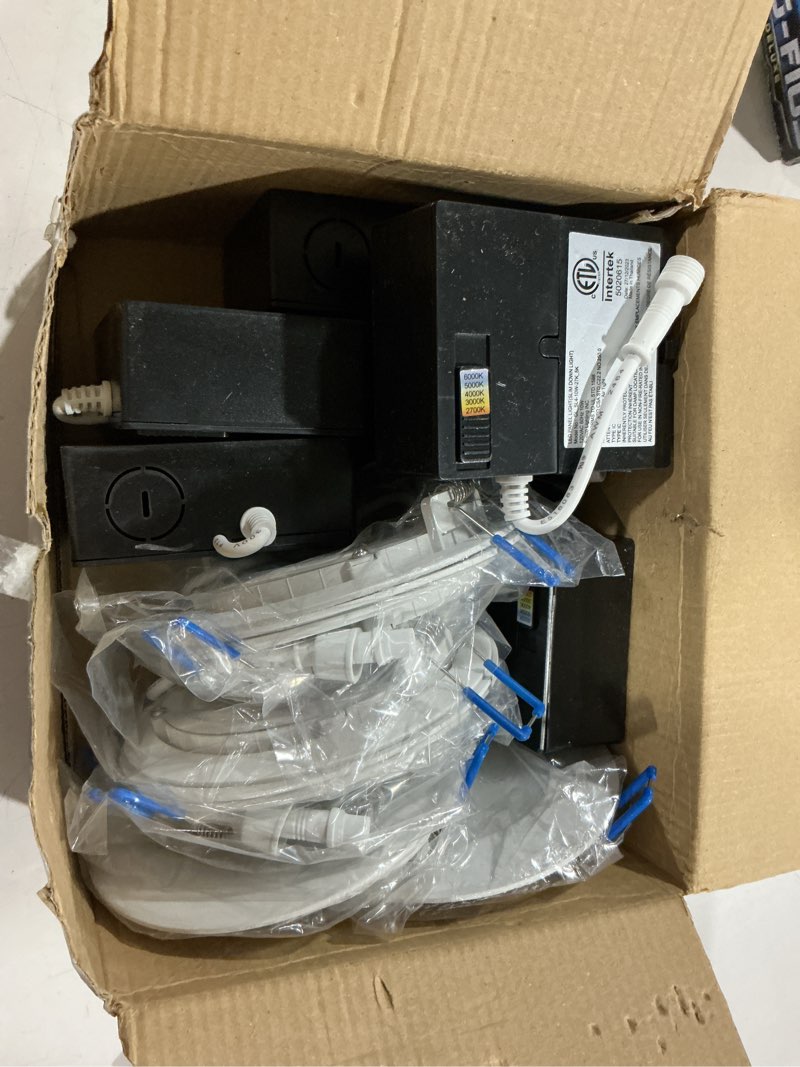 Condition photo showing As Is for sunco lighting - 6 pack 6 inch ultra thin led recessed ceiling lights, 5000k daylight, dimmable, 14w, wafer thin, canless with junction box. | 1200lm, 5000k daylight, dimmable, with junction box, wafer thin canless recessed downlights for low ceilings indoors 6" 5k black