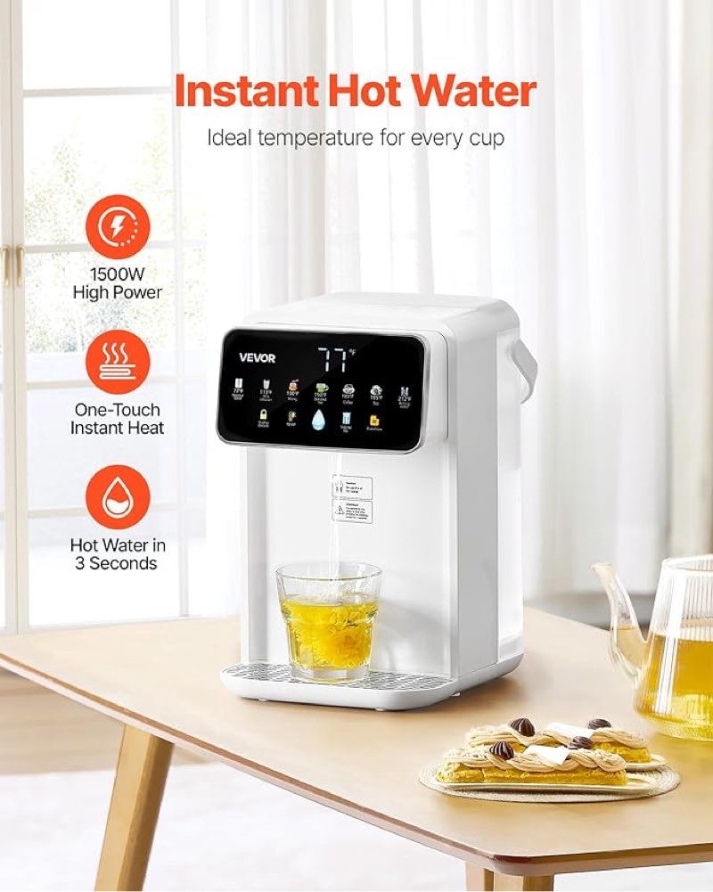 VEVOR Instant Hot Water Dispenser, Countertop Boiling Water Dispenser with Adjustable 7 Temperatures & 7 Water Volumes, 118oz Removable Water Tank, Quick Heating with Touchscreen & Child Lock for Home