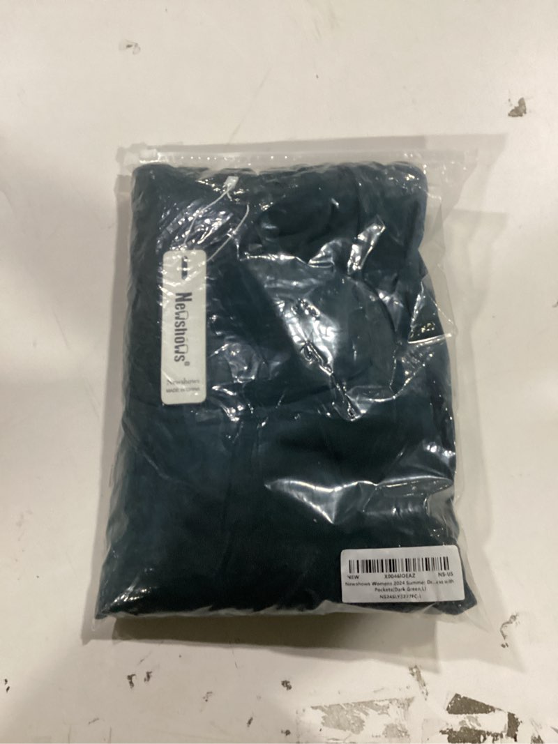 Condition photo showing Good Condition for Newshows Women's Summer Square Neck Ribbed Knit Short/Long Sleeve A Line Flowy Midi Dress with Pockets Dark Green Small