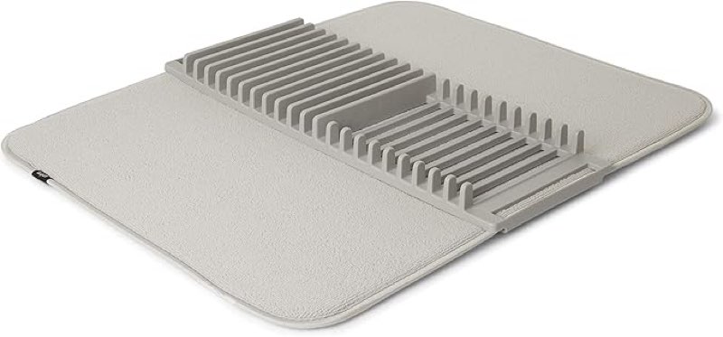 Umbra Udry Rack and Microfiber Dish Drying Mat-Space-Saving Lightweight Design Folds Up for Easy Storage, Standard, Light Grey