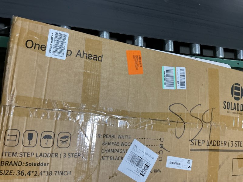 Condition photo showing Good Condition for soladder 3 step ladder, folding aluminum 3 step stool with anti-slip wide sturdy pedal, multi-use for home and kitchen use, space saving-woodgrain(300 lbs capacity) 3 step woodgrain