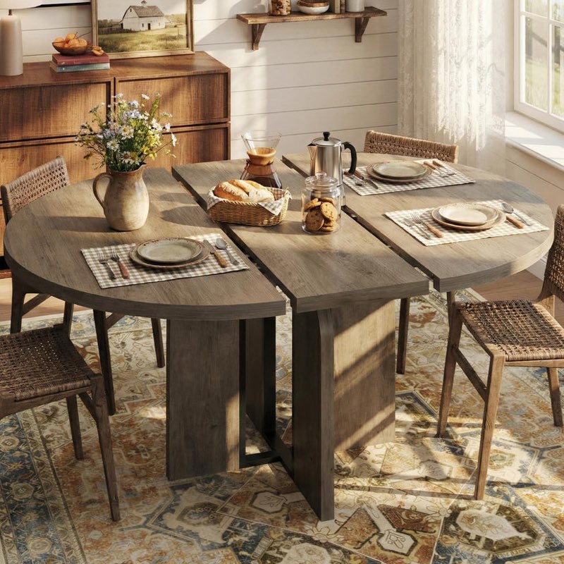 Garvee 47"-63" Extendable Round Dining Room Table, Farmhouse Wood, Sturdy Metal Frame, Retro Gray, Space Saving, For Kitchen & Apartment