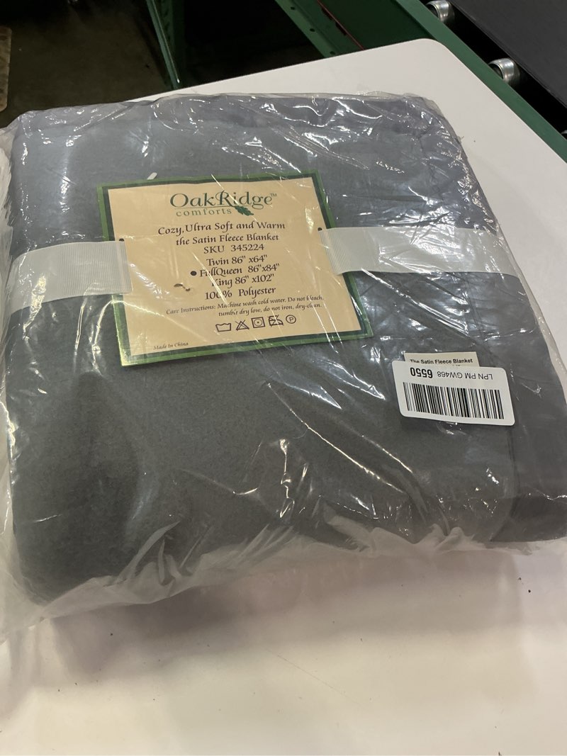 Condition photo showing Good Condition for oakridge satin fleece blanket, full/queen, twin or king size – 100% polyester lightweight fabric and cozy satin binding edges in tightly folding travel blanket, grey full queen grey