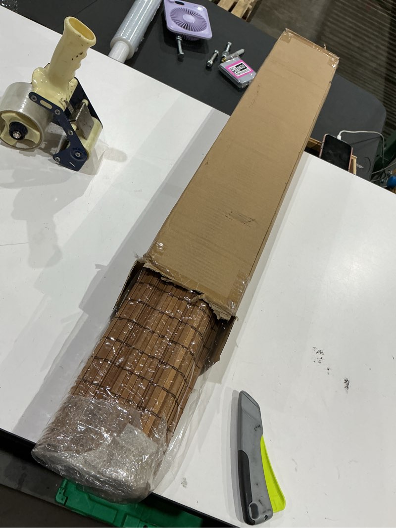 Condition photo showing As Is for 30''w x 72''h cordless bamboo roman shades for interior windows, roll up bamboo blinds with valance, light filtering, easy to install, brown coffee 30"w x 72"h
