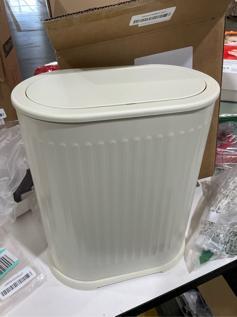 Condition photo showing As Is for Steel Small Bathroom Trash Can with Lid Press Top 9L/2.4 Gallon Dog Proof Wastebasket with Removable Liner Bucket,Slim Bathroom Garbage Can Bin Under Desk/Sink Bedroom,Living Room,Office,Diaper