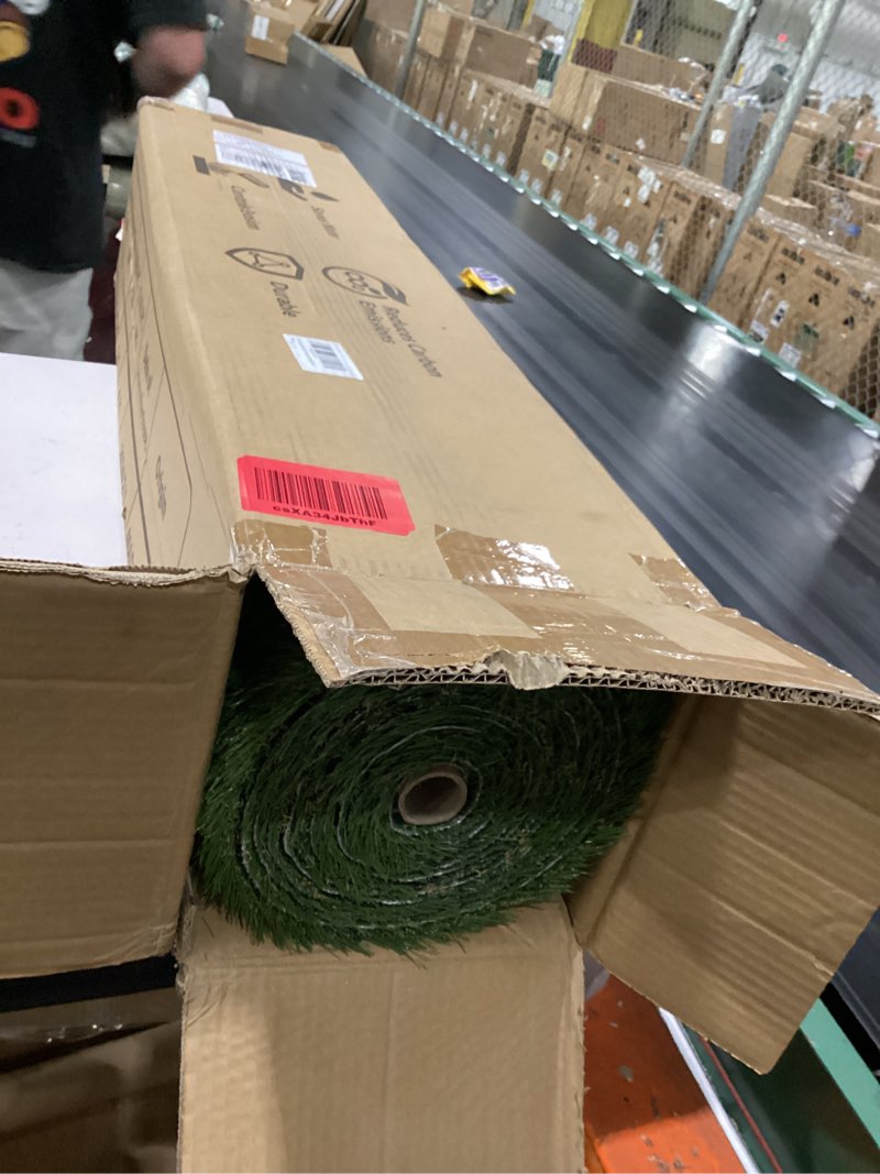 Condition photo showing Good Condition for artificial grass turf rug 3.3 x 15 ft - realistic fake grass outdoor carpet with drainage, 1.2” high synthetic lawn mat for patio, balcony, garden, pet-friendly indoor/outdoor use