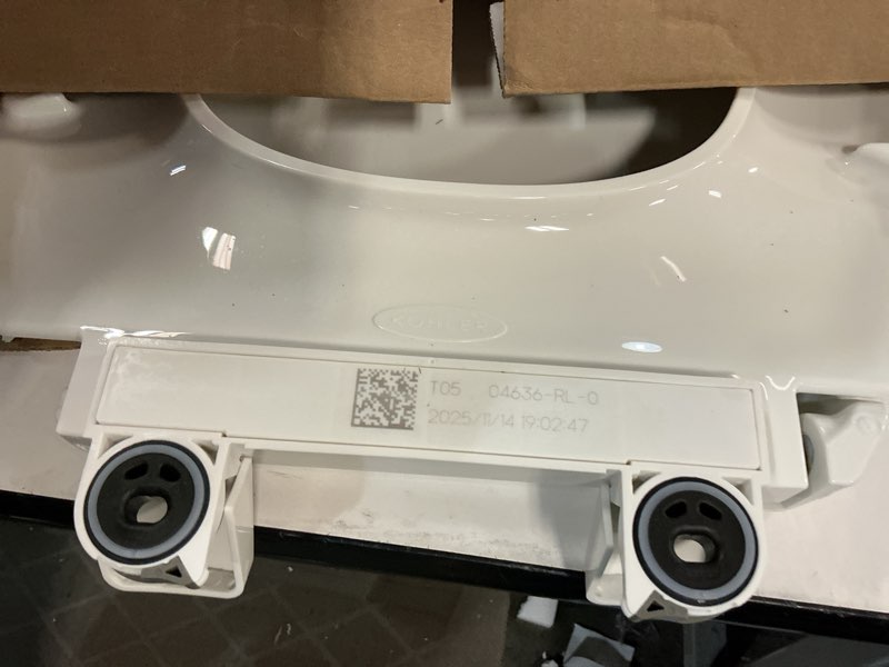 Condition photo showing As Is for KOHLER 4636-RL-0 Cachet ReadyLatch Elongated Toilet Seat Slow Close, Soft Close Toilet Seat Quiet Lid, Contoured Grip-Tight Bumpers Installation Hardware, Apartment Essentials, White White Elongated Ready Latch