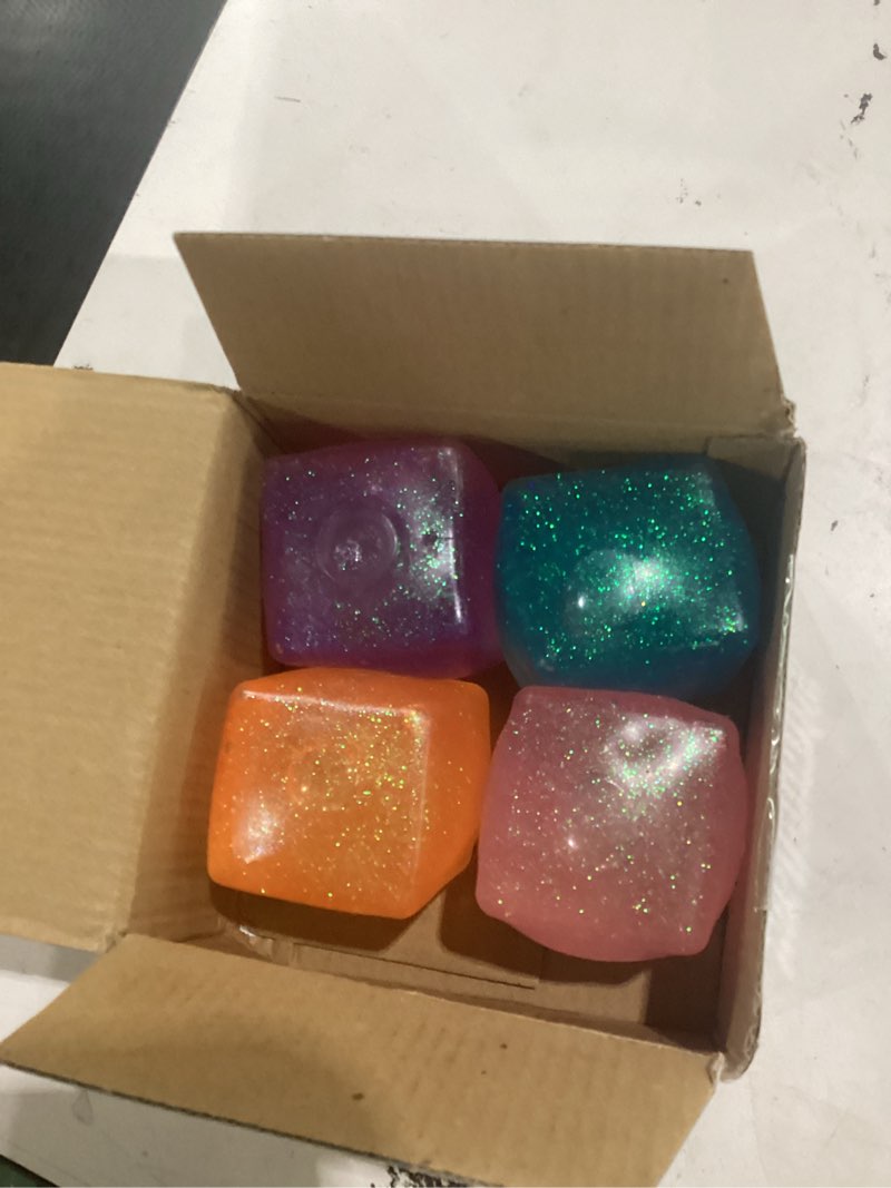 Condition photo showing Good Condition for 4 pack big ice cube squishy toys, 4 color glitter stress cube fidget toys, 2.2 inch sensory squeeze toys, squishy cube pack for kids adult anxiety stress relief, quiet fidgets for classroom home