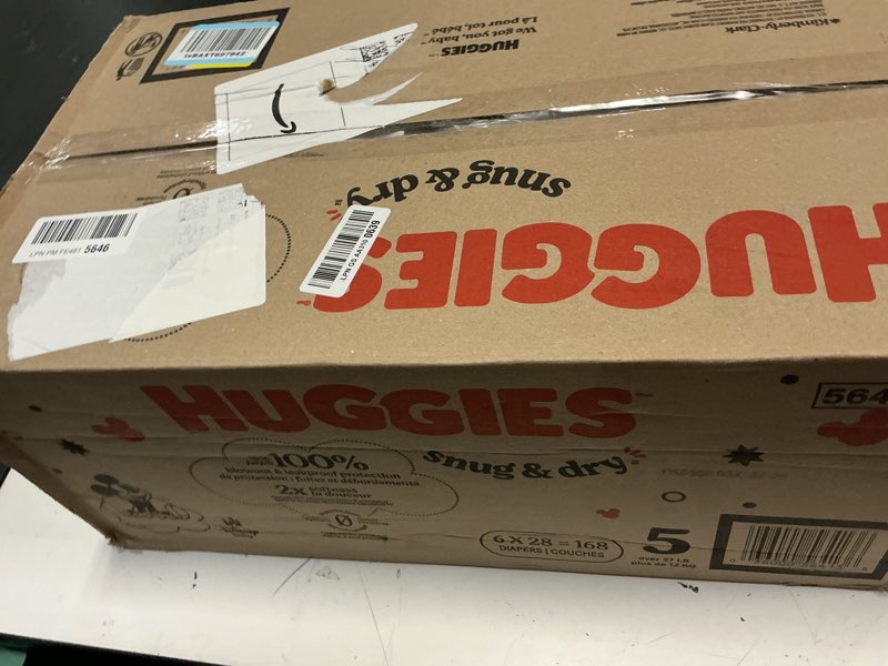 Condition photo showing New/Like New for huggies size 5 diapers, snug & dry baby diapers, size 5 (27+ lbs), 168 count (6 packs of 28), packaging may vary size 5 168