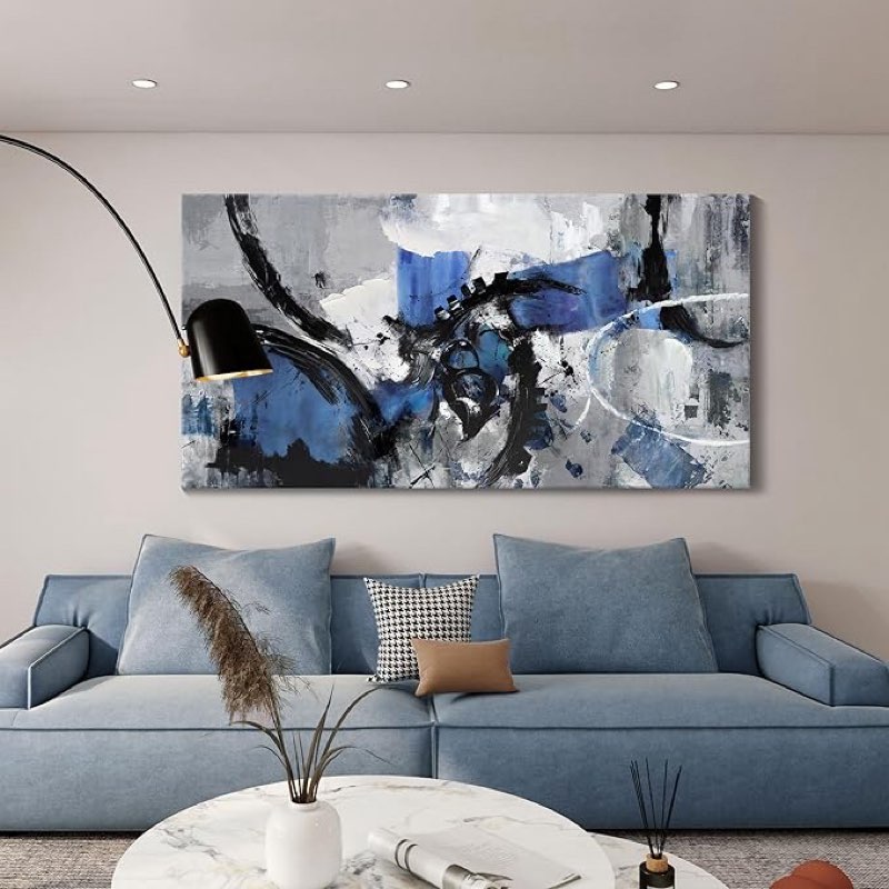 abstract canvas wall art: large wall art paintings for living room, modern, framed artwork in blue and black -bedroom, and office decorations for work - pictures for a stylish wall decor 47”x24” inches 