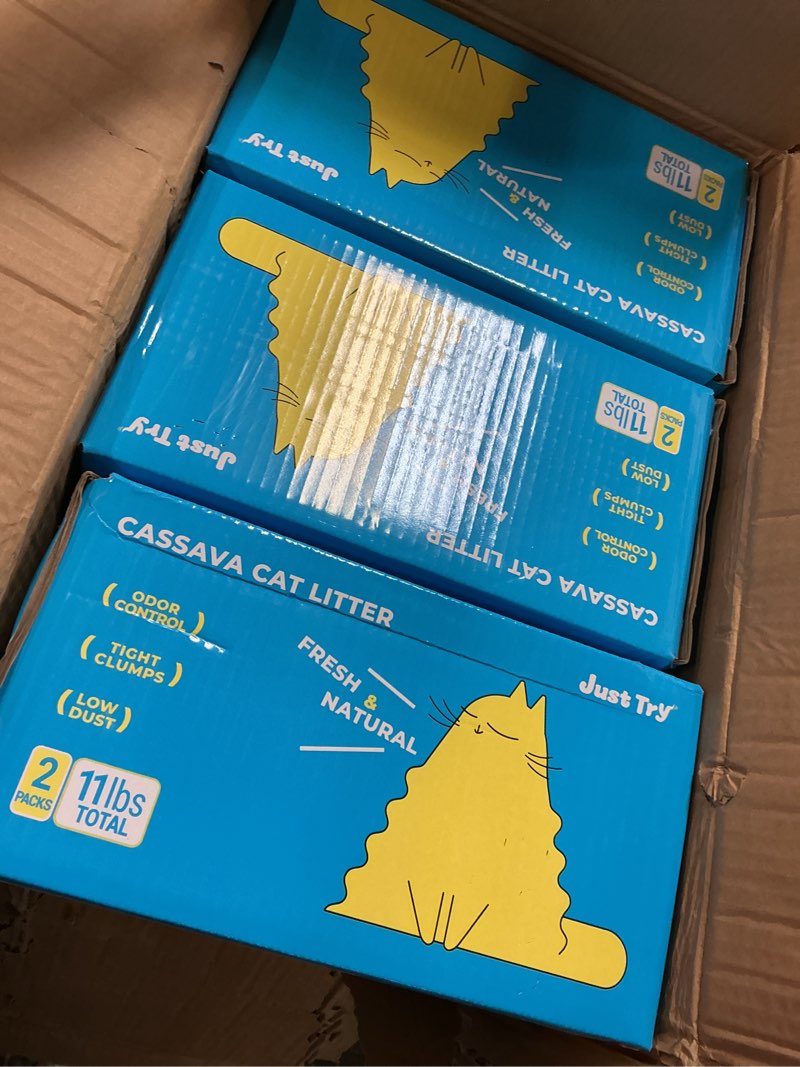 Condition photo showing New/Like New for (case with 3 boxes) just try snowpaww cassava cat litter 2 packs per box net weight per pack total net weight = 11