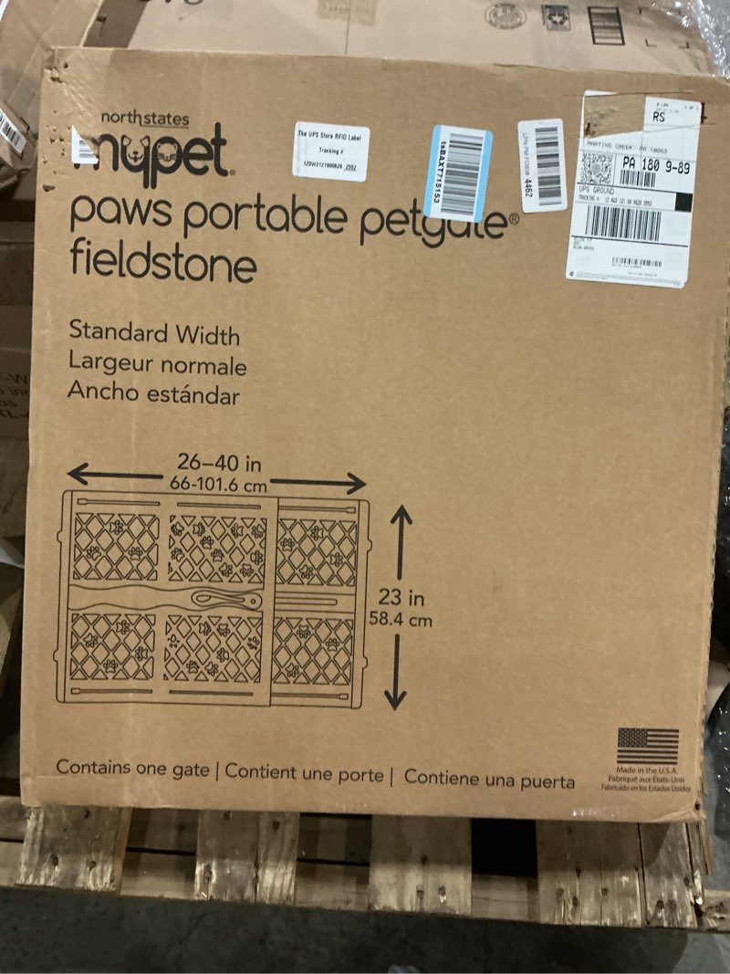 Condition photo showing New/Like New for mypet north states paws portable pet gate: 26-40" wide. pressure mount. no tools needed. made in usa, 23" tall, expandable, durable dog gates for doorways, fieldstone gray