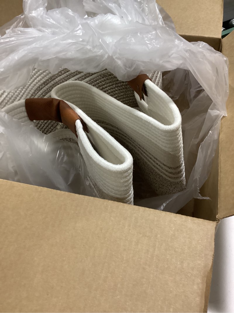 Condition photo showing Good Condition for XXXL Supre Large Blanket Basket for Clothes, Towels, Pillows, 108L Cotton Rope Storage Basket for Living Room, Woven Toy Storage for Kids, 25" x 16" x 16", Brown and White